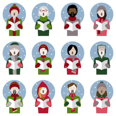 set of twelve icons of multiethnic adult christmas carol singers clipart