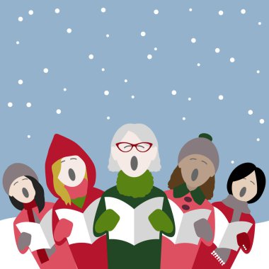group of female singers singing Christmas carols in the snow clipart
