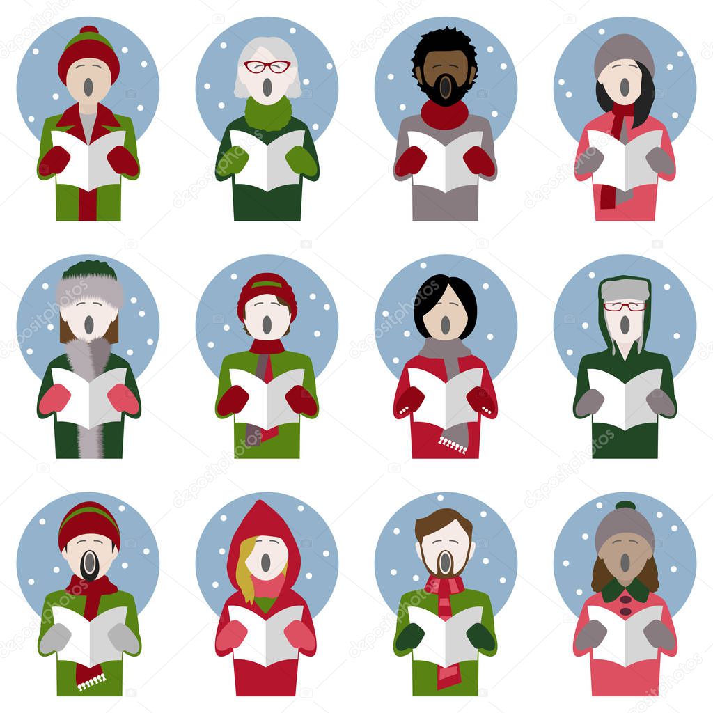 set of twelve icons of multiethnic adult christmas carol singers