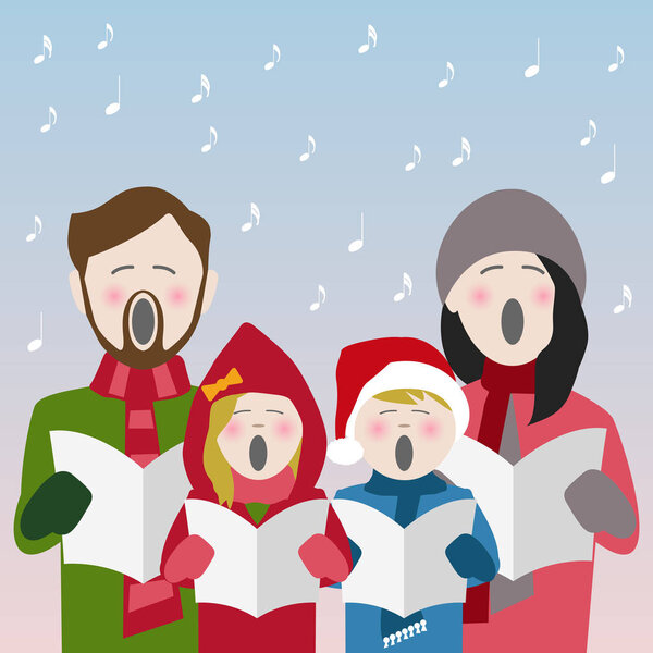 family in winter clothes singing Christmas carols from a song sheet