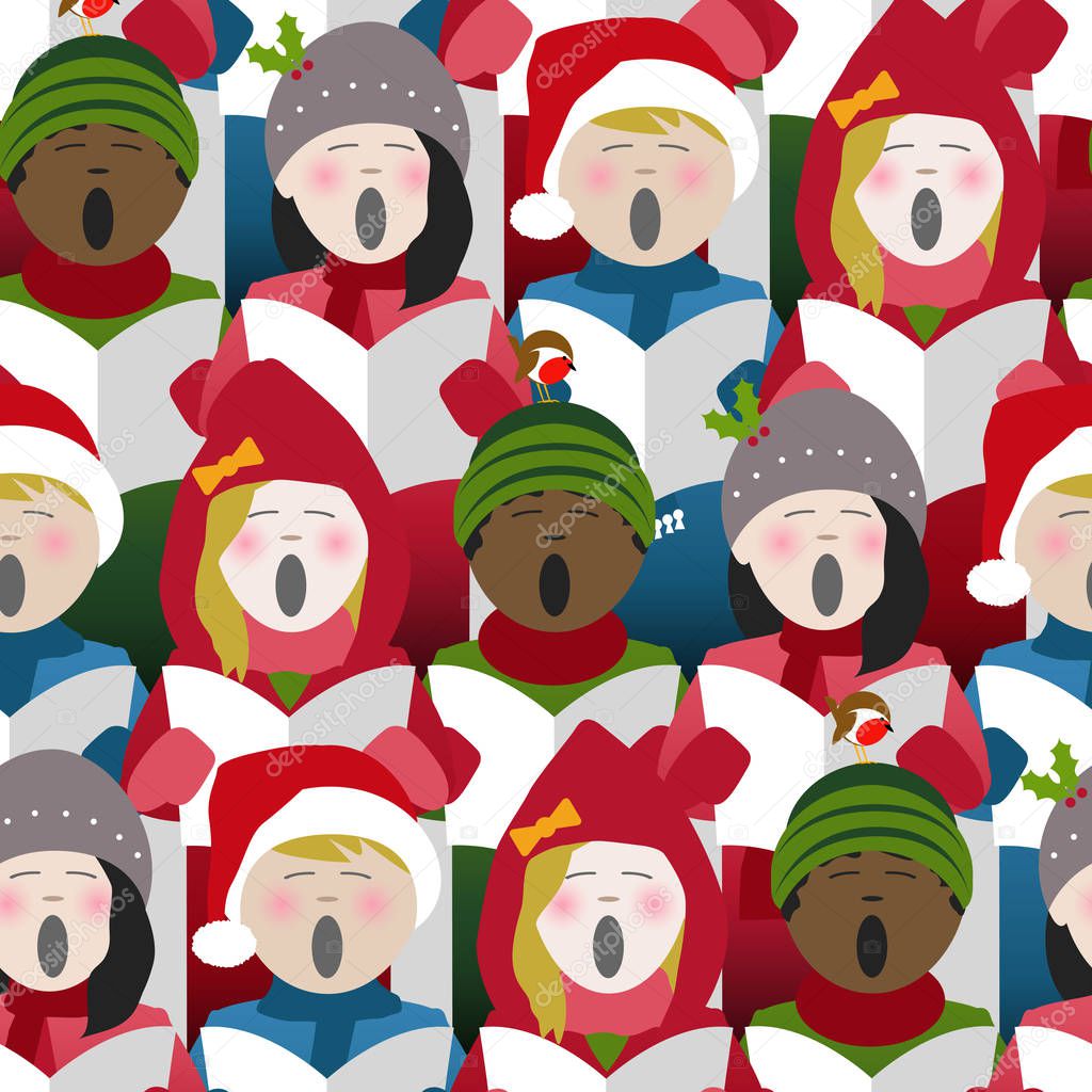 children wearing winter clothes singing Christmas carols from a song sheet. Seamless repeat background