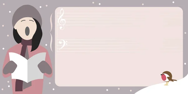 Plantilla Póster Navidad Con Chica Joven Cantando Villancico Navidad Espacio — Archivo Imágenes Vectoriales