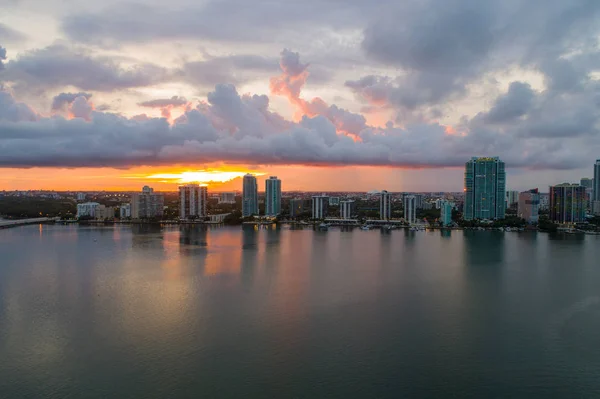 Aerial Drone Image Beautiful Sunset Miami Brickell Bay Florida — Stock Photo, Image