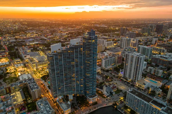 Antenn Drönare Bild Downtown Miami Florida City Lights Och Solnedgång — Stockfoto