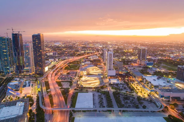 Aerial Photo Downtown Miami Beautiful Sunset Twilight City Lights — Stock Photo, Image