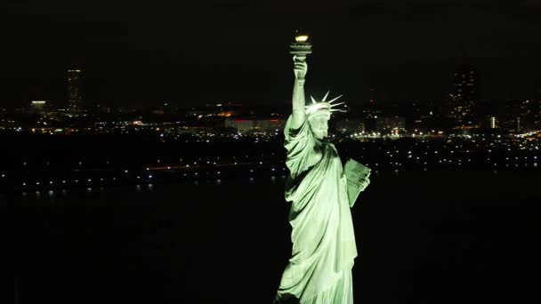 Пташиного Польоту Статуя Свободи Ніч Нью Йорк Сша — стокове відео