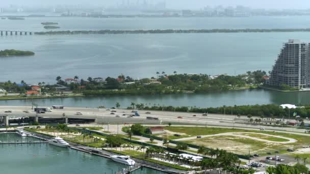 Aerial View Green Miami Cityscape Ocean Ships Dock — Stock Video