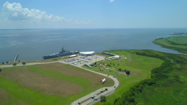 Zdjęcia Lotnicze Drone Pancernik Memorial Park Mobile Alabama Usa — Wideo stockowe