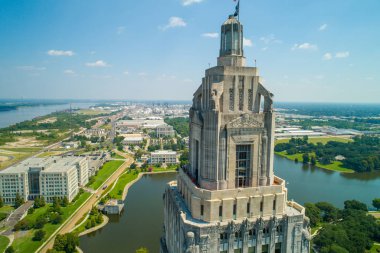 Aerial closeup of the Louisiana State Capitol Building and welcome center in Baton Rouge clipart