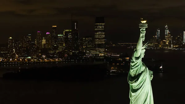 Aerial Image Statue Liberty Night New York City Background — Stock Photo, Image