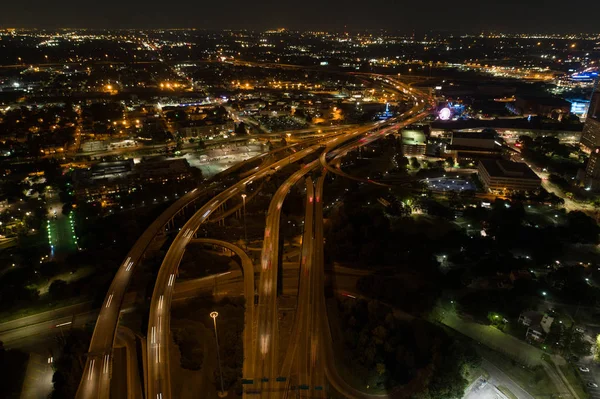 Foto Aérea Nocturna Autopistas Centro Houston Texas —  Fotos de Stock