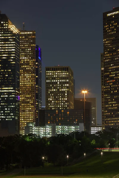 Aerial Vertical Ground Shot Downtown Houston Texas Night — Stock Photo, Image