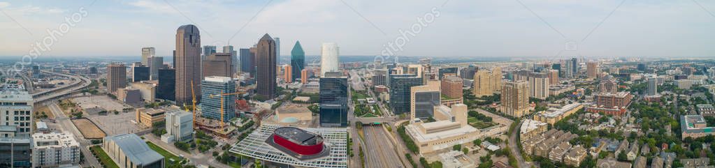 Aerial drone panoramic photo of Downtown Dallas Texas with all logos and building names removed