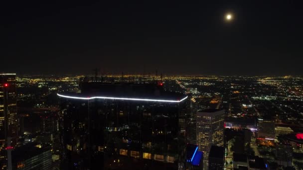 Aerial Drone Flying Skyscrapers Night — Stock Video