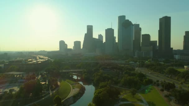 Salida Del Sol Sobre Video Aéreo Houston Texas — Vídeo de stock