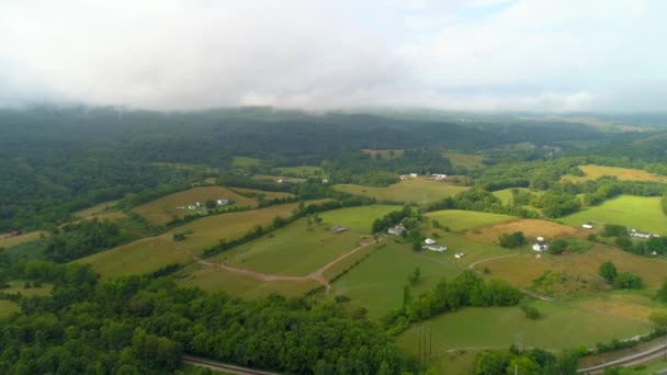 Aerial Video Low Clouds Rural Farmland — Stock Video