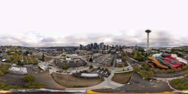 Turistik kule hava dron panorama 360 vr Seattle Washington ABD ve Space Needle gözlem