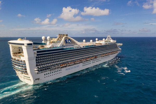 Fort Lauderdale, FL, USA - September 1, 2018: Aerial drone image of a cruise ship out at sea