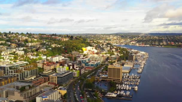 Aerial View Seattle Cityscape Bay Dock — Stock Video