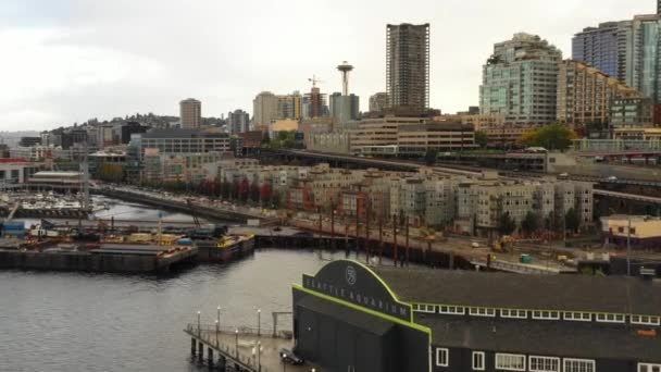 Flygfoto Över Seattle Stadsbilden Med Bay Och Docka — Stockvideo