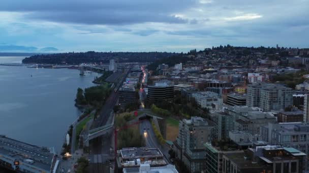 Вид Воздуха Городской Пейзаж Сиэтла Заливом Доком — стоковое видео