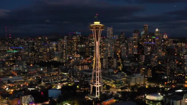 Letecký Pohled Věž Space Needle Seattlu Noci — Stock video