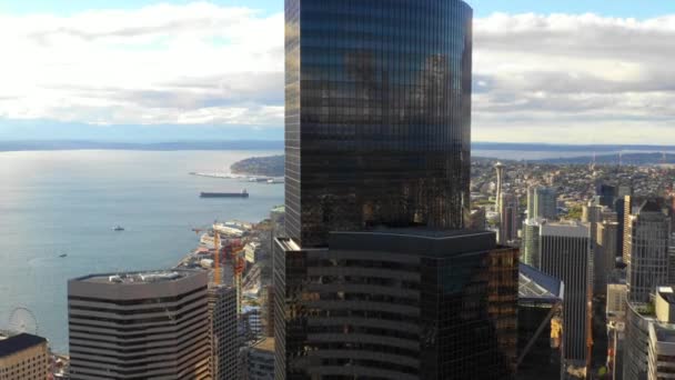 Aerial View Seattle Cityscape Bay Dock — Stock Video