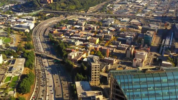 Aerial View Seattle Buildings Busy Streets — Stock Video