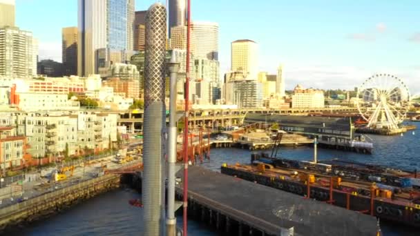 Luchtfoto Van Haven Met Boten Gebouwen Zee Seattle — Stockvideo