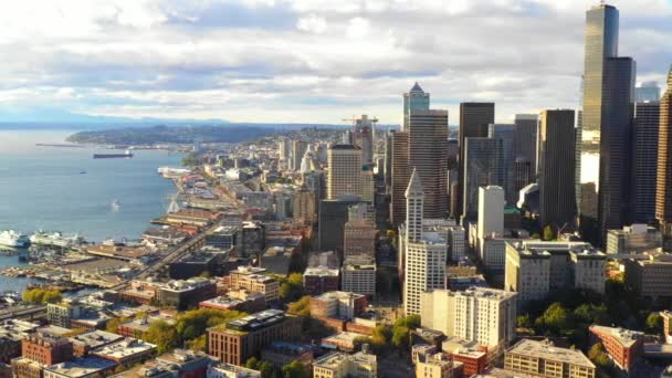 Luchtfoto Van Seattle Stadsgezicht Met Bay Dok — Stockvideo