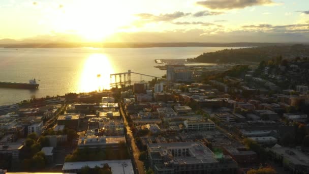 Luchtfoto Van Seattle Stadsgezicht Met Bay Dok — Stockvideo