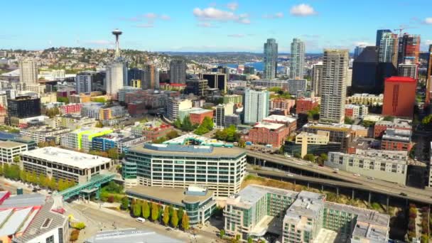 Vista Aérea Los Edificios Seattle Calles Concurridas — Vídeos de Stock