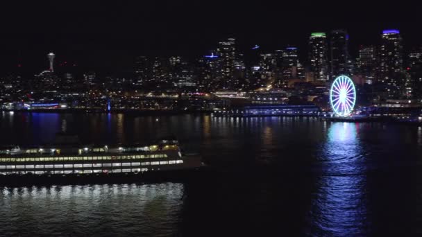 Ferry Departing Seattle Night — Stock Video