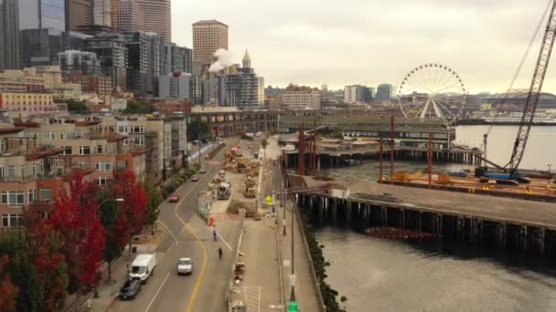 Luchtfoto Drone Beelden Alaskan Way Seattle Downtown — Stockvideo