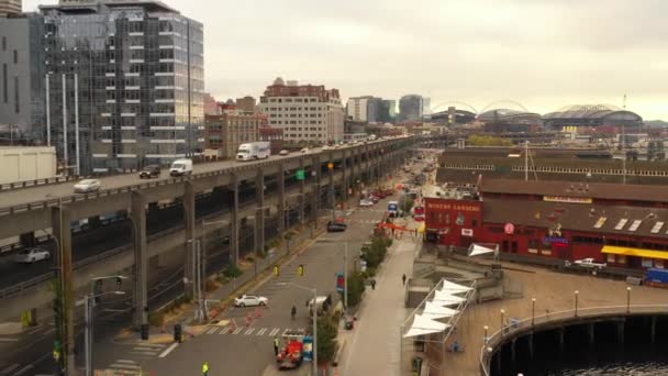Construction Alaskan Way Viaduct Seattle Aerial Inspection Drone Footage — Stock Video