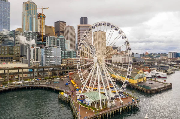Zdjęcie Lotnicze Drone Seattle Great Wheel — Zdjęcie stockowe