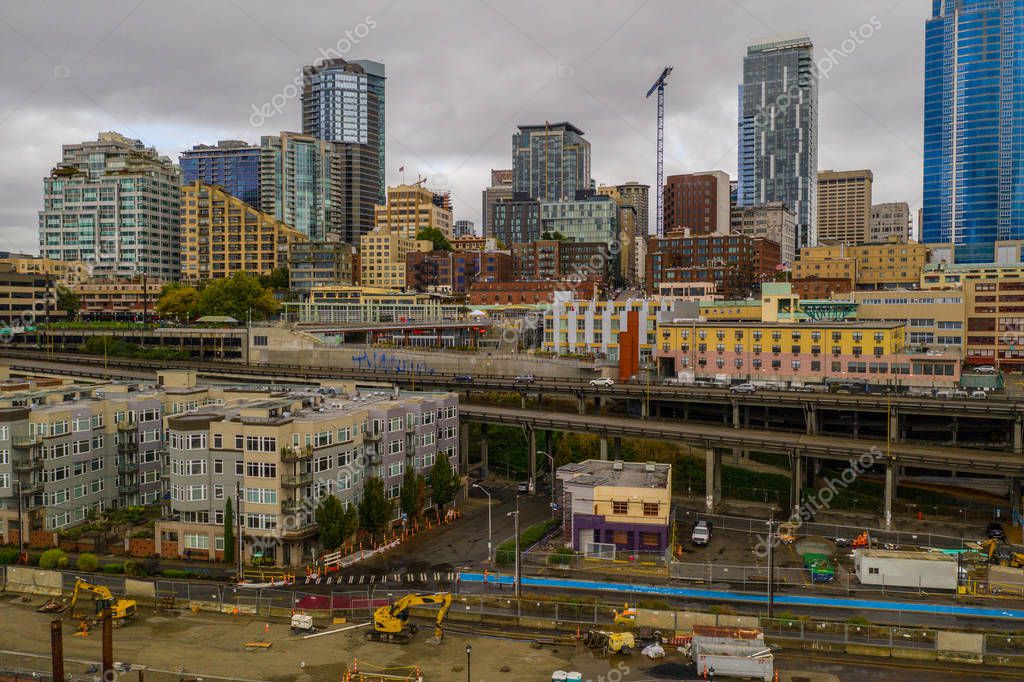 Aerial drone photo of Downtown Seattle WA