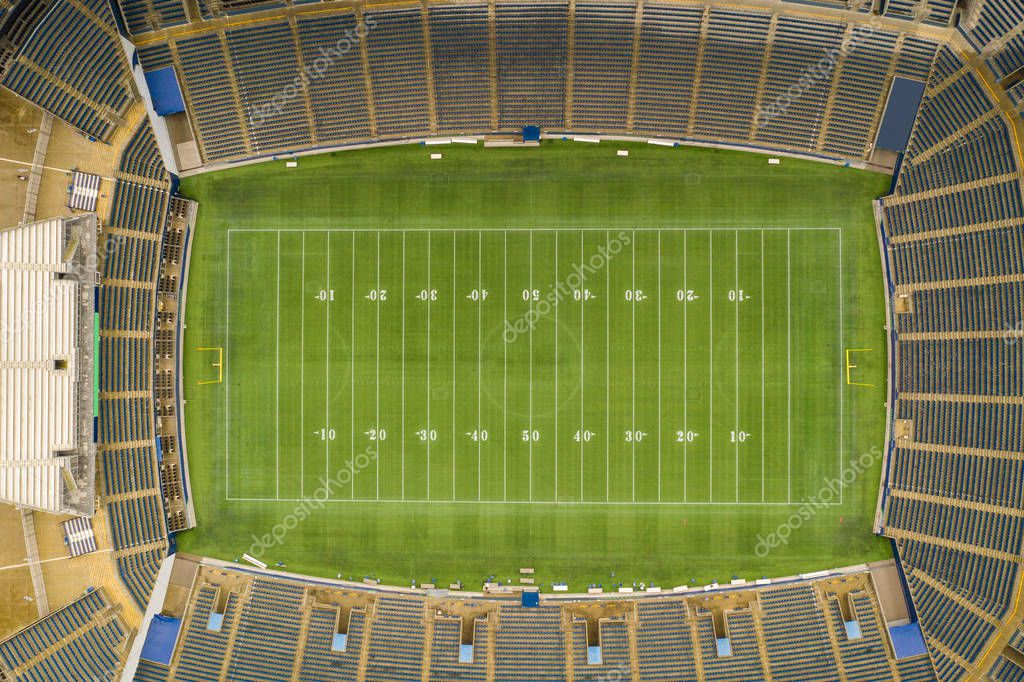 Aerial drone photo of a football stadium open roof with no logos