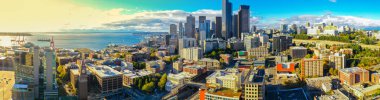 Downtown Seattle Washington şehrinin hava dron fotoğraf
