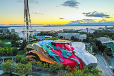 SEATTLE, WA, USA - SEPTEMBER 15, 2018: Aerial drone image of the Museum of Pop Culture Seattle Washington USA clipart