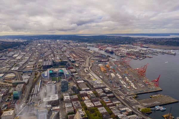 Luchtfoto Drone Foto Van Industriële Haven Haven Seattle Stadions — Stockfoto