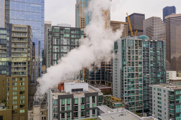Aerial Drone Photo Seattle Downtown Building Steam Exhaust Pipe Hvac — Stock Photo, Image
