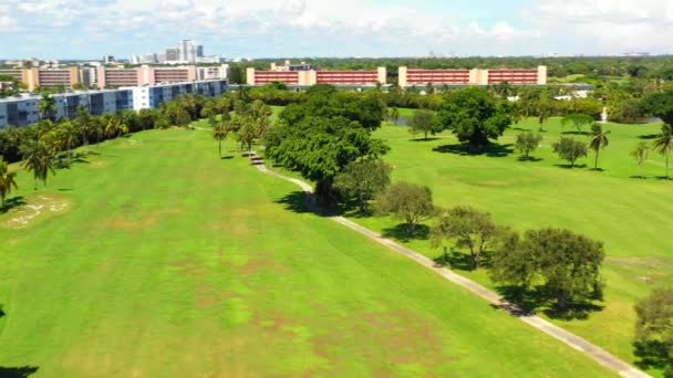 高尔夫球场上的树木的空中电影素材 — 图库视频影像