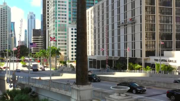 Antenn Drönare Footage Pelaren Historia Brickell Bridge Ikoniska Brons Staty — Stockvideo