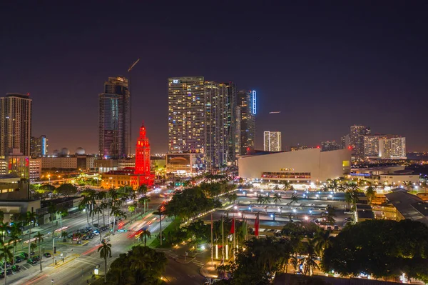 Letecká Dlouhé Expozice Noční Foto Downtown Miami Florida Usa — Stock fotografie