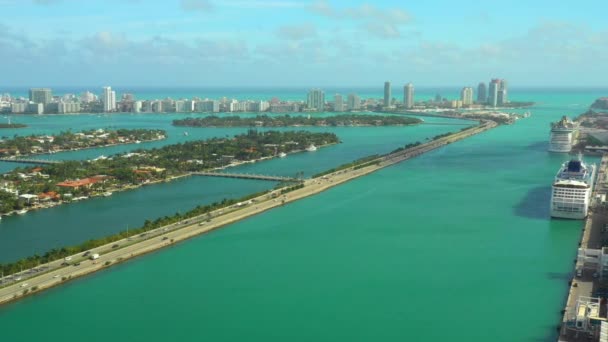 Aerial Miami Scene Port Bridge Water Beach View — Stock Video
