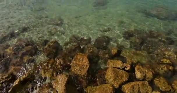 Aufnahmen Von Felsen Seichtes Riffwasser Kippt Nach Oben Zeigen Hafen — Stockvideo