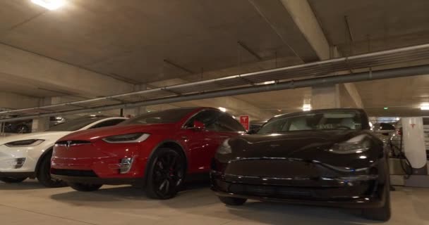 Aventura Febrero 2019 Imágenes Bajo Ángulo Tesla Supercargador — Vídeo de stock