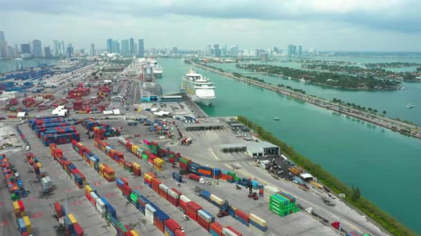 Skladový Záznam Port Miami Výletní Lodi Nákladní Kontejnery — Stock video