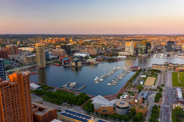 Foto Aérea Del Avión Tripulado Baltimore Atardecer Vista Del Puerto — Foto de Stock